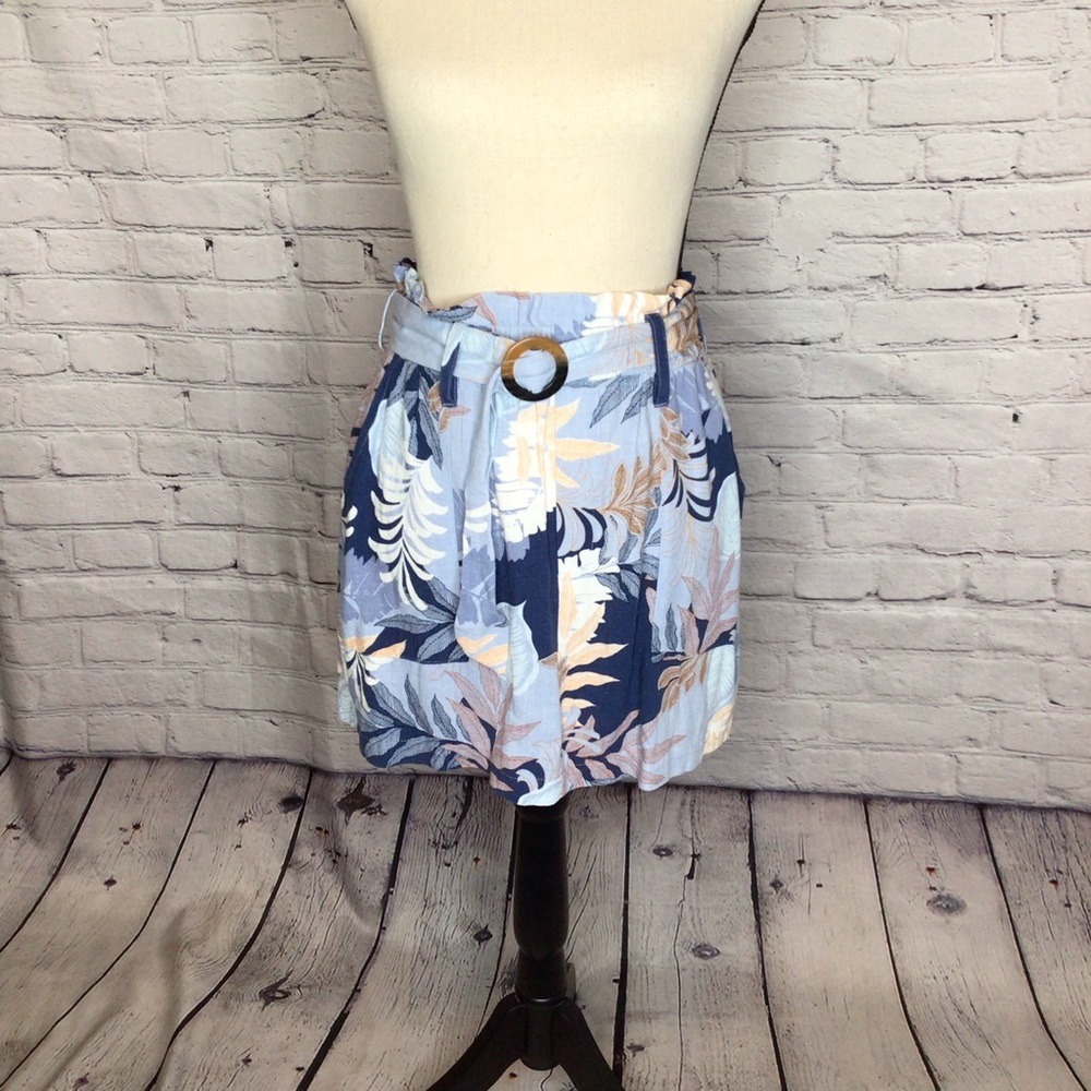 Aeropostale Blue Tan Leaf Print Paperbag Belted Skirt Small